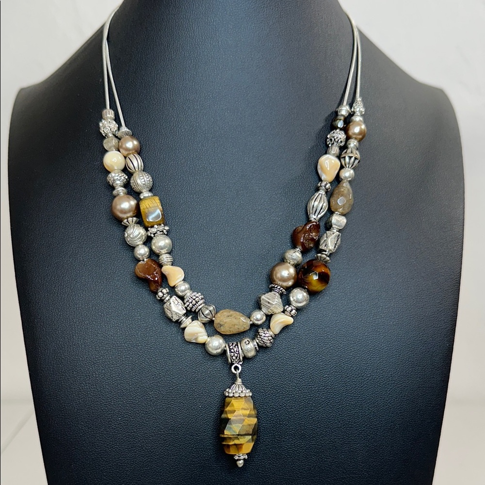 Double Strand Faceted Jasper Pendant Glass & Silvertone Floating Bead Necklace